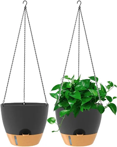 Paquete de 2 macetas colgantes, macetas colgantes de riego automático de 10 pulgadas para plantas de interior y exterior, cesta colgante para negro