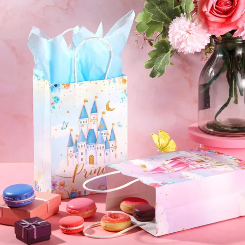 Miniatura 3 de Nezyo 16 bolsas de recuerdo de fiesta de princesa príncipe con asas y papel de seda, bolsas de regalo para cumpleaños, baby shower, regalos