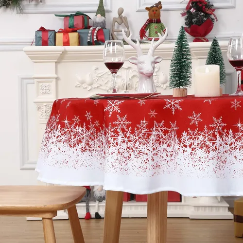 Miniatura 7 de CAROMIO Mantel redondo de Navidad de 60 pulgadas, mantel de Navidad con copos de nieve rojos, mantel decorativo de interior para exteriores
