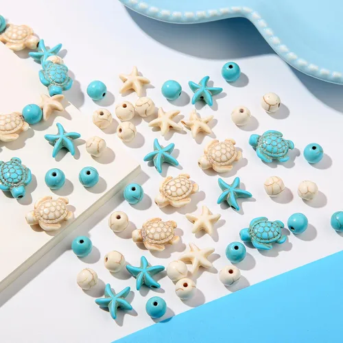 Miniatura 3 de 210 cuentas de turquesa con cuentas de tortuga marina floral, cuentas de tortuga blanca, cuentas sintéticas de estrellas de mar turquesa