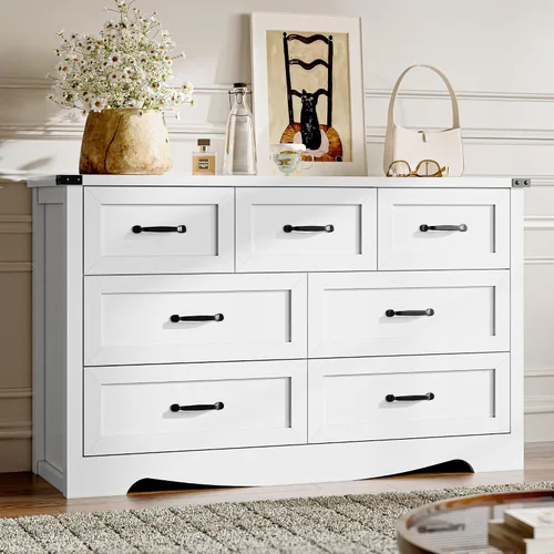 BORNOON - Cómoda de 7 cajones para dormitorio, cómoda de madera moderna con manijas de metal, diseño antivuelco, organizador de almacenamiento Blanco