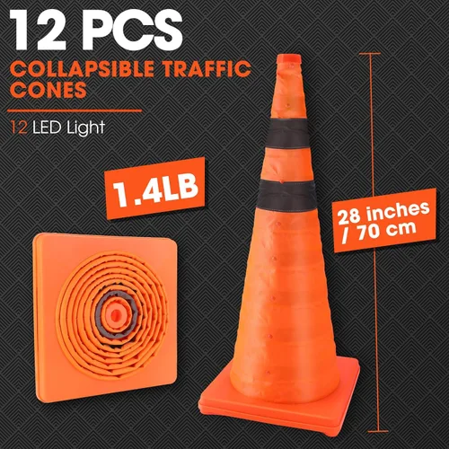 Miniatura 2 de Paterr Paquete de 12 conos de tráfico plegables con luz LED, conos de estacionamiento extensibles multiusos, conos de seguridad con collar
