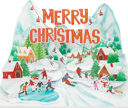 POPWOW Tarjeta desplegable de vacaciones de montaña, Feliz Navidad, nieve, esquí, tarjetas de felicitación 3D, regalos para mujeres, hombres, niños,