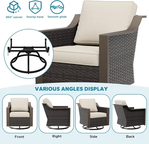 Miniatura 5 de Juego de 2 sillas giratorias de metal para patio, juego de muebles de conversación de mimbre, tapizados y mecedoras deslizantes de 360 grados, ratán