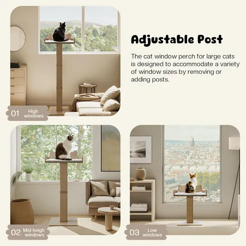 Miniatura 7 de Percha para ventana de gato con poste rascador de sisal grueso, hamaca para gatos para ventana con 3 ventosas mejoradas, poste rascador para gatos