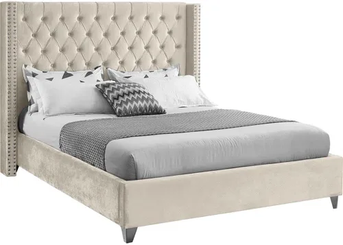 Miniatura 15 de Meridian Furniture – Cama con respaldo de terciopelo abotonado, Aiden-Q-Aiden, con recortes cromados con forma de cabezal de clavos y patas Gris