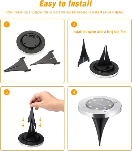 Miniatura 6 de ODEETRONIC Luces solares de tierra, paquete de 12 unidades de 8 luces LED de disco solar, luz impermeable para exteriores, luz redonda de disco