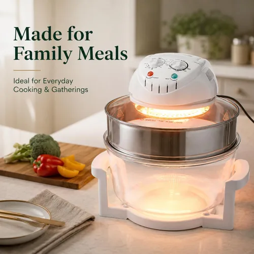 Miniatura 7 de Freidora de aire de vidrio grande de 18 cuartos – Cocina de circulación halógena y de aire caliente visible en 360°, 1200–1400 W, control preciso