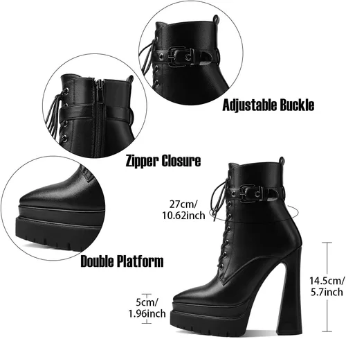 Miniatura 7 de Mattiventon Botas de plataforma para mujer, tacón grueso, punta puntiaguda, botines con cordones al tobillo