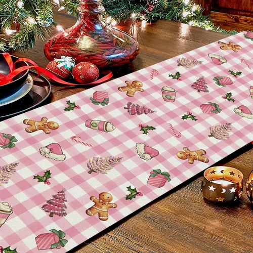 Miniatura 4 de Camino de mesa de Navidad a cuadros rosa con árbol de jengibre y caramelo de Navidad, 13 x 72 pulgadas, decoración de mesa de Navidad de invierno