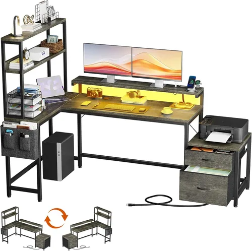 Miniatura 10 de REAHOME Escritorio en forma de L de 70 pulgadas con cajones de archivos y estantes de almacenamiento reversibles, escritorio de computadora con toma