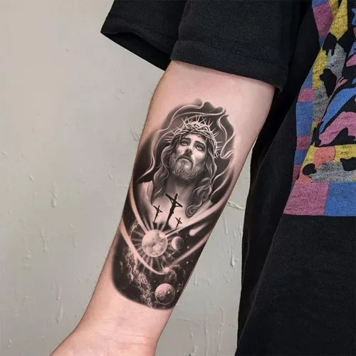 Miniatura 7 de 2 hojas de tatuajes temporales con cruz y luna de Jesús para adultos, espirituales religiosos, tatuajes falsos realistas, nebulosa galaxia en blanco