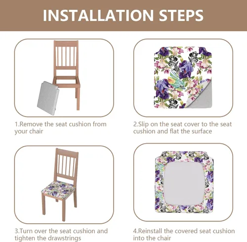 Miniatura 6 de Juego de 4 fundas elásticas para sillas de comedor, fundas para sillas de comedor con estampado floral, fundas para asientos de sillas con estampado