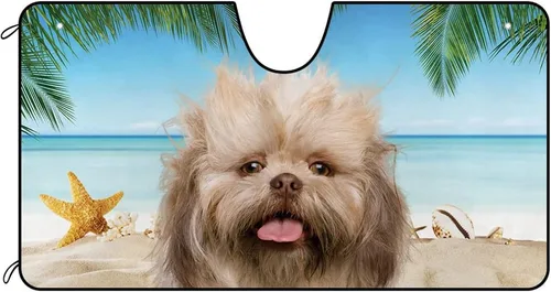 Miniatura 15 de Parasol para parabrisas delantero de automóvil con texto en inglés "A Happy Young Shih Tzu Dog Puppy in the Beach", decoración de verano, parasol
