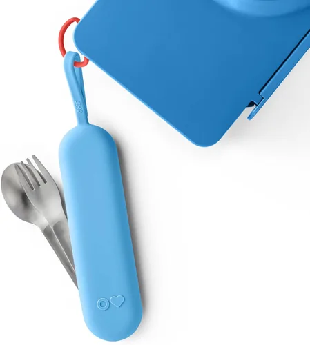 Omie OmieBox Juego de Utensilios de Viaje | Tenedor y Cuchara con Estuche para Viajes Fáciles | Tenedor y Cuchara de Acero Inoxidable (Azul)