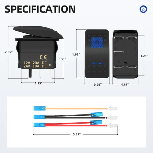 Miniatura 2 de RVBOATPAT Interruptor basculante de barco marino, 2 unidades, 12 V, 20 A, interruptor de barra de luz, luz LED azul, 5 pines, encendido y apagado