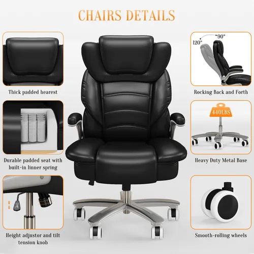 Miniatura 6 de Silla de oficina ejecutiva, sillas de oficina grandes y altas para personas pesadas, asiento ancho de 400 libras, silla de oficina de cuero
