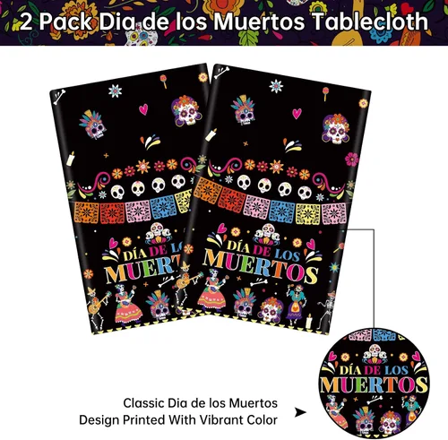Miniatura 4 de 2 Piezas Mantel del Día de los Muertos - Mantel de Plástico Dia De Los Muertos, Mantel Desechable con Calavera de Azúcar Floral Cubierta de Mesa