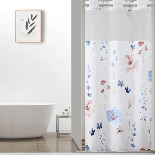 Miniatura 20 de QiyI Cortina de ducha de flores con forro a presión, cortina de baño de tela floral de acuarela azul beige, cortinas de ducha sin gancho con ventana