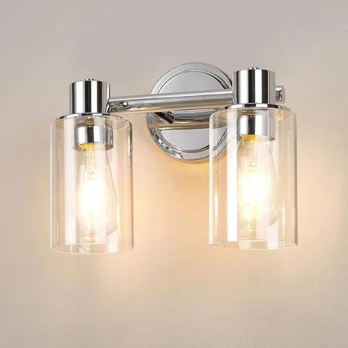 Apliques de Pared de Baño de 2 Luces con Cristal Transparente, Luces de Pared de Baño Sobre Espejo, Luces de Tocador Cromadas con Base E26 Cromo