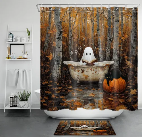 Miniatura 26 de LB Cortina de ducha de otoño para baño, divertido gato negro con fantasma en la bañera en el bosque de otoño, cortina de ducha de tela de cosecha