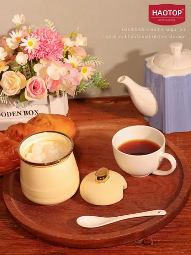 Miniatura 4 de Azucarero de 12 oz con tapa y cuchara, tarro de azúcar de cerámica simple, contenedor de azúcar, dispensador de azúcar, accesorios de barra de café