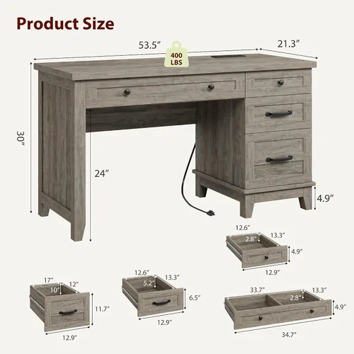 Miniatura 2 de GAOMON Escritorio ejecutivo de madera de 54.5 pulgadas con cajones, mesa de computadora de oficina con estación de carga, escritorio de oficina