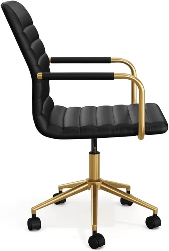 Miniatura 11 de Martha Stewart Taytum - Silla giratoria de escritorio con reposabrazos para oficina en casa, en cuero sintético negro con marco de latón pulido