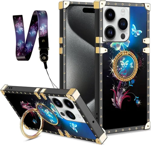 Miniatura 18 de nancheng Funda para iPhone 15, diseño de flor de mariposa azul, TPU suave, a prueba de golpes, con soporte de anillo y cordón a juego, elegante