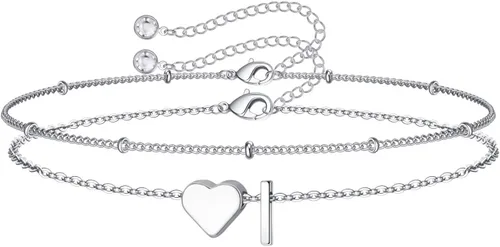 Miniatura 14 de M MOOHAM Pulseras de oro con inicial de corazón para mujer, pulseras con dije de letra A-Z de corazón dorado en capas para mujer, pulseras
