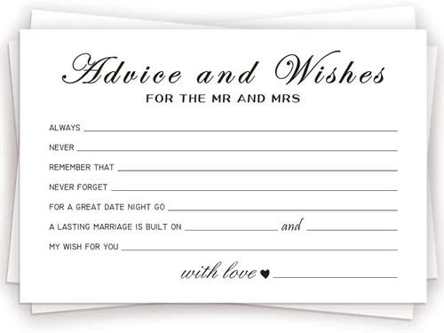 Tarjetas de consejos y deseos para las nuevas parejas, señor y señora, novia y novio, recién casados, 50 tarjetas perfectas de consejos de boda para