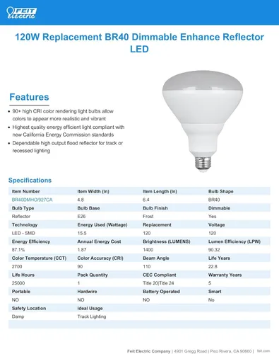 Miniatura 2 de Bombilla LED Feit Electric BR40, equivalente a 120 W, regulable, 1400 lúmenes, vida útil de 22 años, 2700 K blanco suave, base E26, bombillas de luz