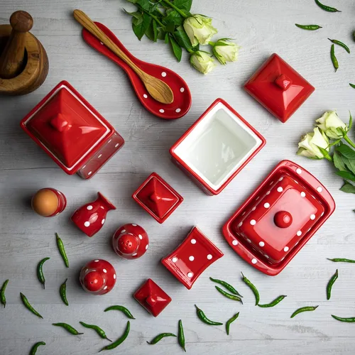 Miniatura 3 de Juego de 10 recipientes de cerámica hechos a mano con lunares rojos y blancos, recipientes grandes y pequeños, mantequilla, tazas de huevo, salero
