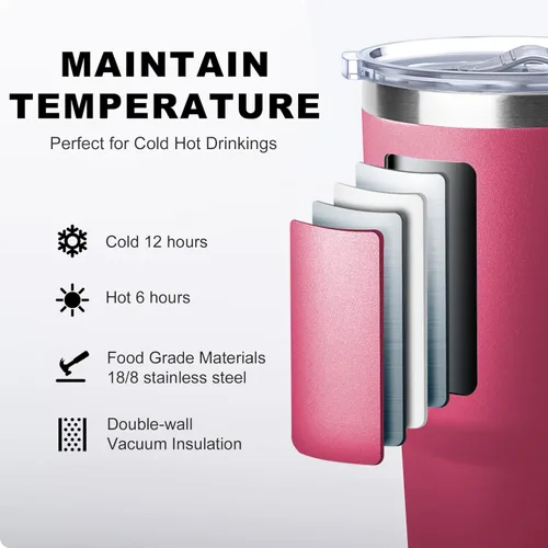 Miniatura 2 de koodee Vaso de 30 onzas con tapa y pajilla, de acero inoxidable, con aislamiento de doble pared, vaso de viaje para agua y agua con asa (rosa y rojo)