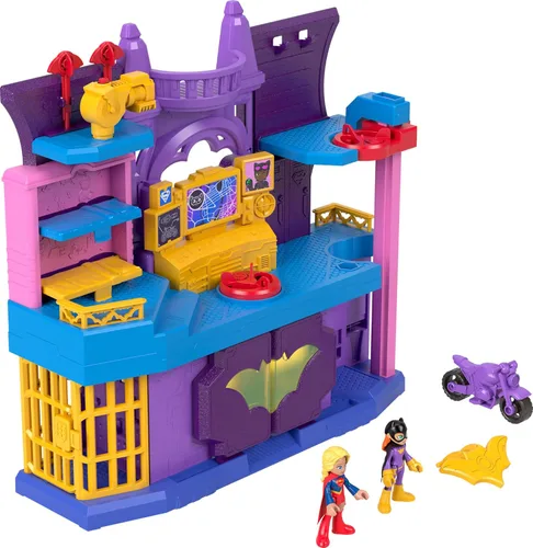 Set de juego de Super Amigos DC figuras de acción de Batichica y escondite de Fisher-Price Imaginext con 2 figuras y 5 accesorios para juego de rol
