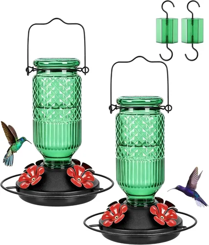 Miniatura 10 de FEED GARDEN Comedero de vidrio para colibríes para colgar al aire libre, comedero de colibríes de 16 onzas con 4 puertos de alimentación con Azul