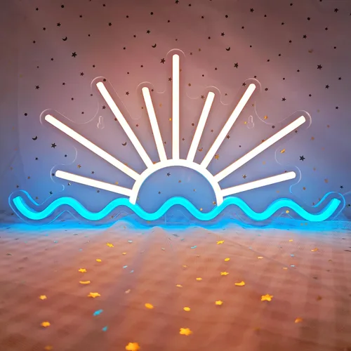 Señal de neón de salida del sol y puesta del sol, señal de neón de playa con onda del sol, señal de neón regulable para recámara, cueva de hombre,
