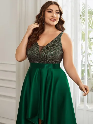 Miniatura 5 de Ever-Pretty Vestido de mujer sin mangas con cuello en V de lentejuelas alto-bajo de satén de una línea de verano de talla grande vestido de invitada