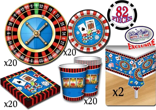 Juego de suministros de fiesta temática de casino de lujo para 20 personas, incluye 20 platos grandes, 20 platos pequeños, 20 servilletas, 20 tazas