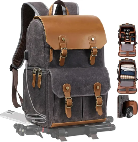 Miniatura 12 de Mochila para cámara Padwa Lifestyle - Bolsa de cámara de lona de memoria encerada resistente al clima para fotógrafos, Café