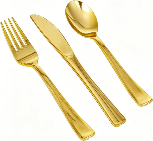 Juego de 100 cubiertos de plástico dorados y resistentes, desechables, incluye 100 tenedores, 100 cuchillos, 100 cucharas para fiestas, bodas y uso