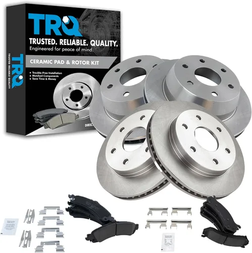TRQ Kit de pastillas de freno y rotores de disco de cerámica Posi Premium delantero y trasero compatible con GM