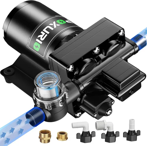 Bomba de Agua para RV de 6 GPM, Bomba de Agua Fresca de 110 V CC, 70 PSI, Bomba de Agua de Diafragma Autocebante con Interruptor de Presión y Filtro