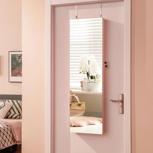 Miniatura 53 de Giantex Armario de joyería para puerta de pared con espejo de longitud completa, 2 LED con cerradura grande organizador de joyas con espejo ancho