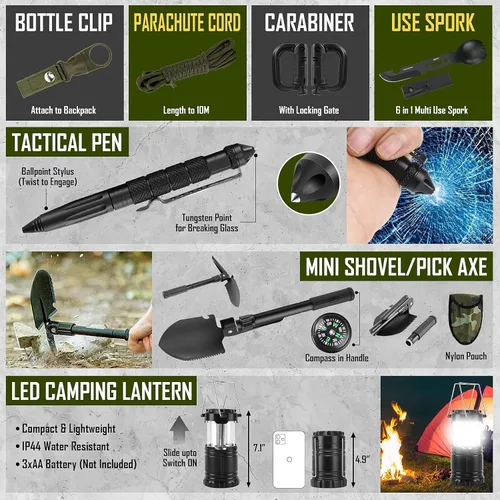 Miniatura 6 de Juego de supervivencia, 268 piezas, equipo y suministros de emergencia de supervivencia con kit de primeros auxilios, hacha de campamento, linterna