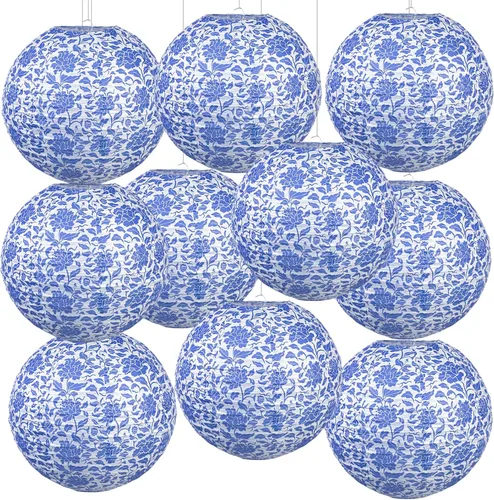 Juego de faroles de papel chinoiserie, porcelana azul y blanca, impresión vintage, linternas colgantes japonesas chinas para decoración de