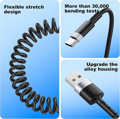 Miniatura 5 de CarPlay - Paquete de 2 cables de carga en espiral USB A a USB C para iPhone 15, cable de carga corto para automóvil/Uber, sincronización de datos