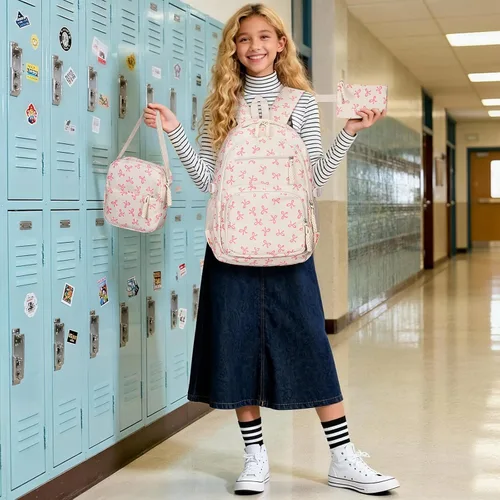 Miniatura 7 de Mochila con lazo para mujer, mochila kawaii de nailon coquette, juego de 3 piezas, linda mochila para computadora portátil universitaria, mochila
