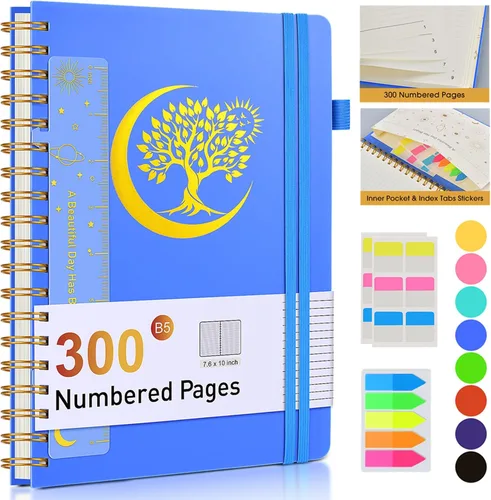 PAIBAS Cuaderno en espiral B5 de 7 x 10 pulgadas – 300 páginas numeradas, papel rayado de 100 g/m², cubierta de plástico, bolsillo interior,