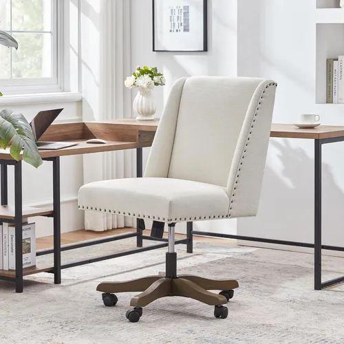 Miniatura 3 de Zihanhome Silla de Oficina Tapizada Sin Brazos con Patas de Madera, Moderna Silla de Escritorio Ajustable con Patrón Cruzado para Oficina en Casa